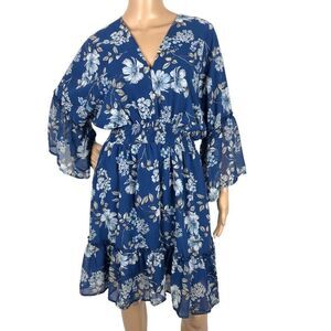 Jollycode Floral Print Kimono Mini Dress Size M Flare Sleeve Ruffle‎ Tiered Boho